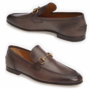 Gucci Jordaan Horsebit Men Loafers Brown Cocoa Leather Dress Shoes Size 12
